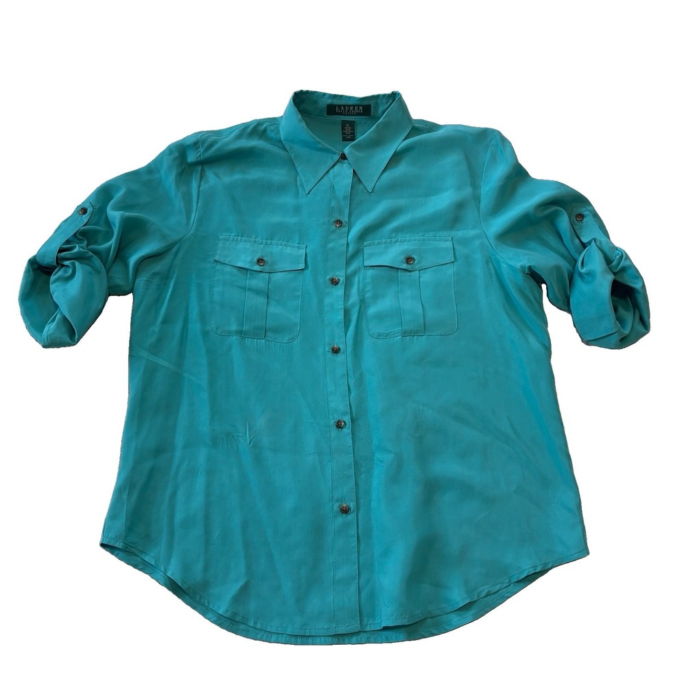 Lauren Ralph Lauren Shirt Womens LP 100% Silk Teal Blue Roll Tab Sleeve Classic
